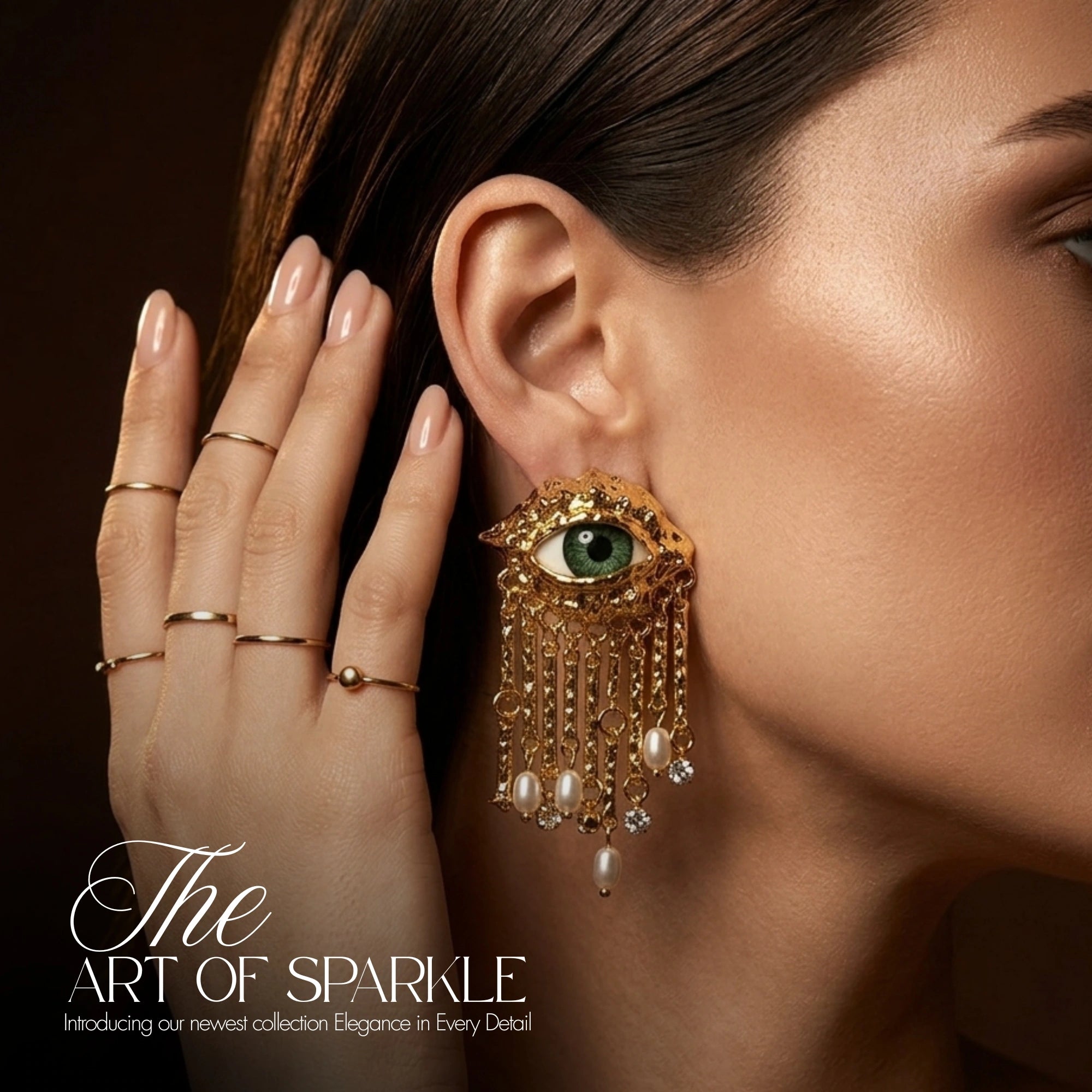 A close-up lifestyle shot of a woman wearing a large, ornate gold eye-shaped dangle earring with green gemstone detailing and dangling pearl-like beads. She is also wearing several thin gold rings on her hand.