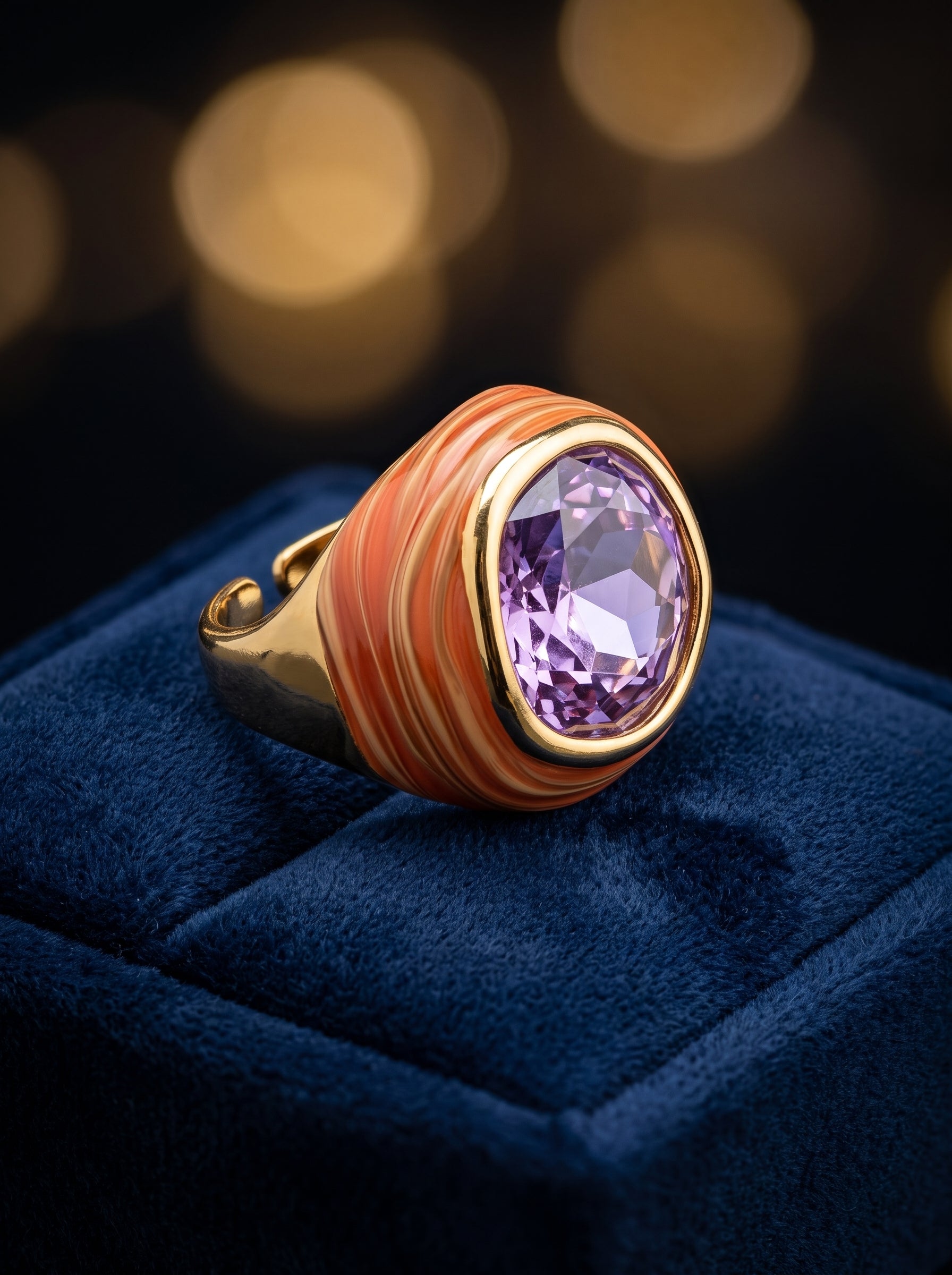 A gold signet-style ring with a large faceted purple gemstone and orange marbled side detailing, displayed on a dark blue velvet ring box against a blurred warm bokeh background.
