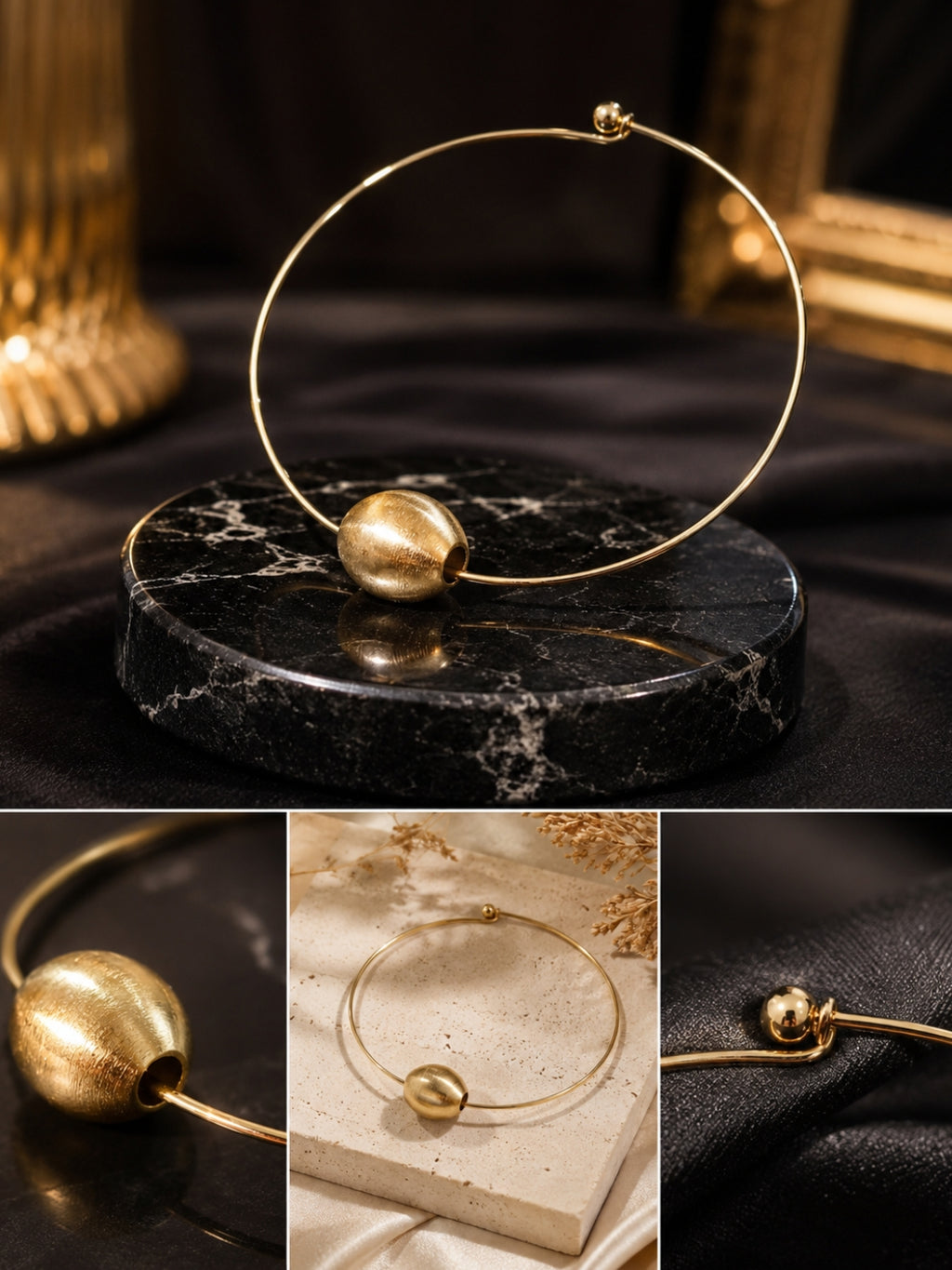 A gold-toned minimalist wire hoop earring with a matte spherical bead accent, displayed on a round black marble stand with a dark draped fabric background. Three smaller inset images at the bottom show close-up details of the earring from different angles.
