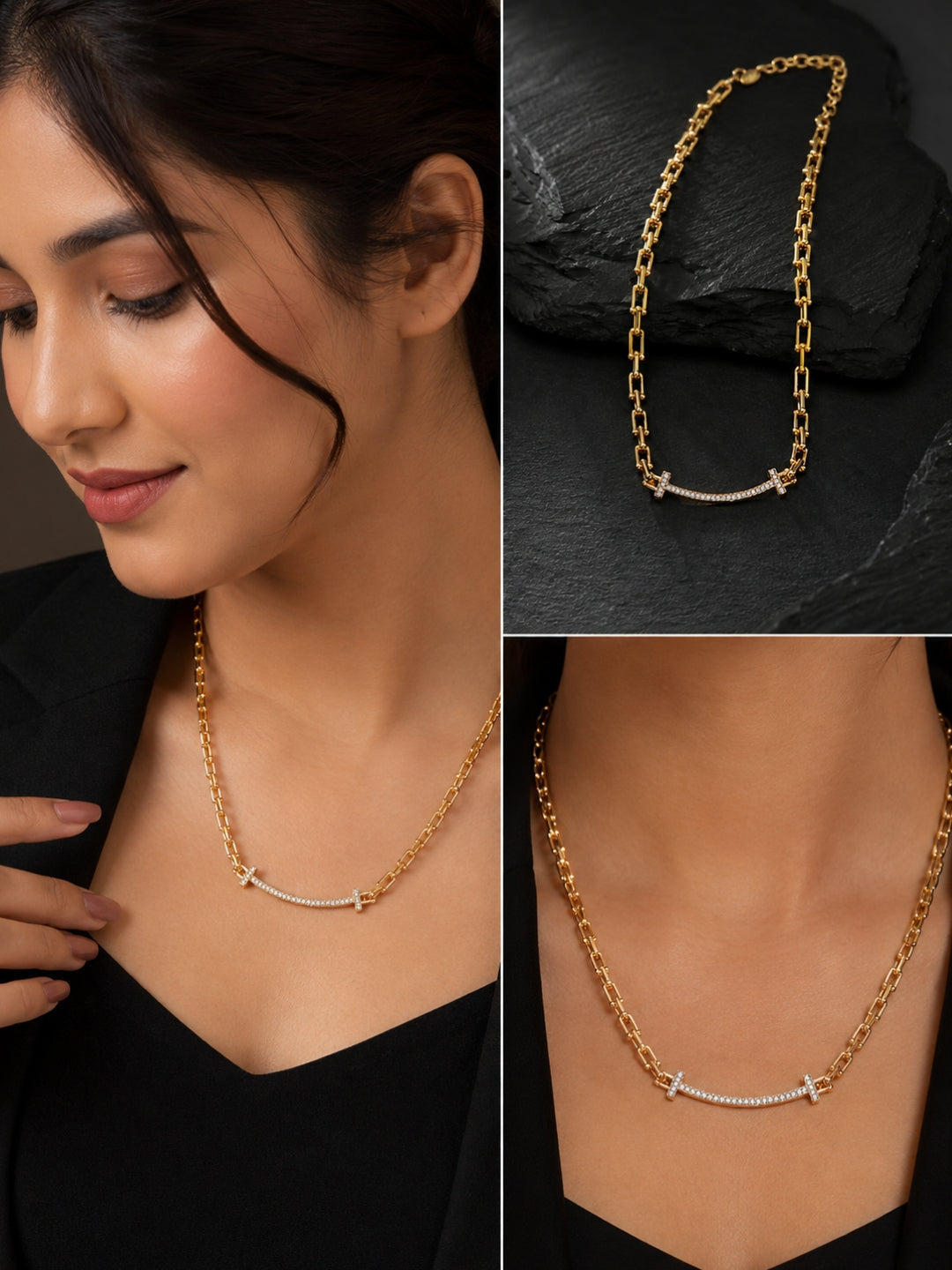 A gold necklace with a curved bar and small clear stones, shown worn by a woman in a black top and also displayed on a dark textured surface. The image is a three-panel collage.