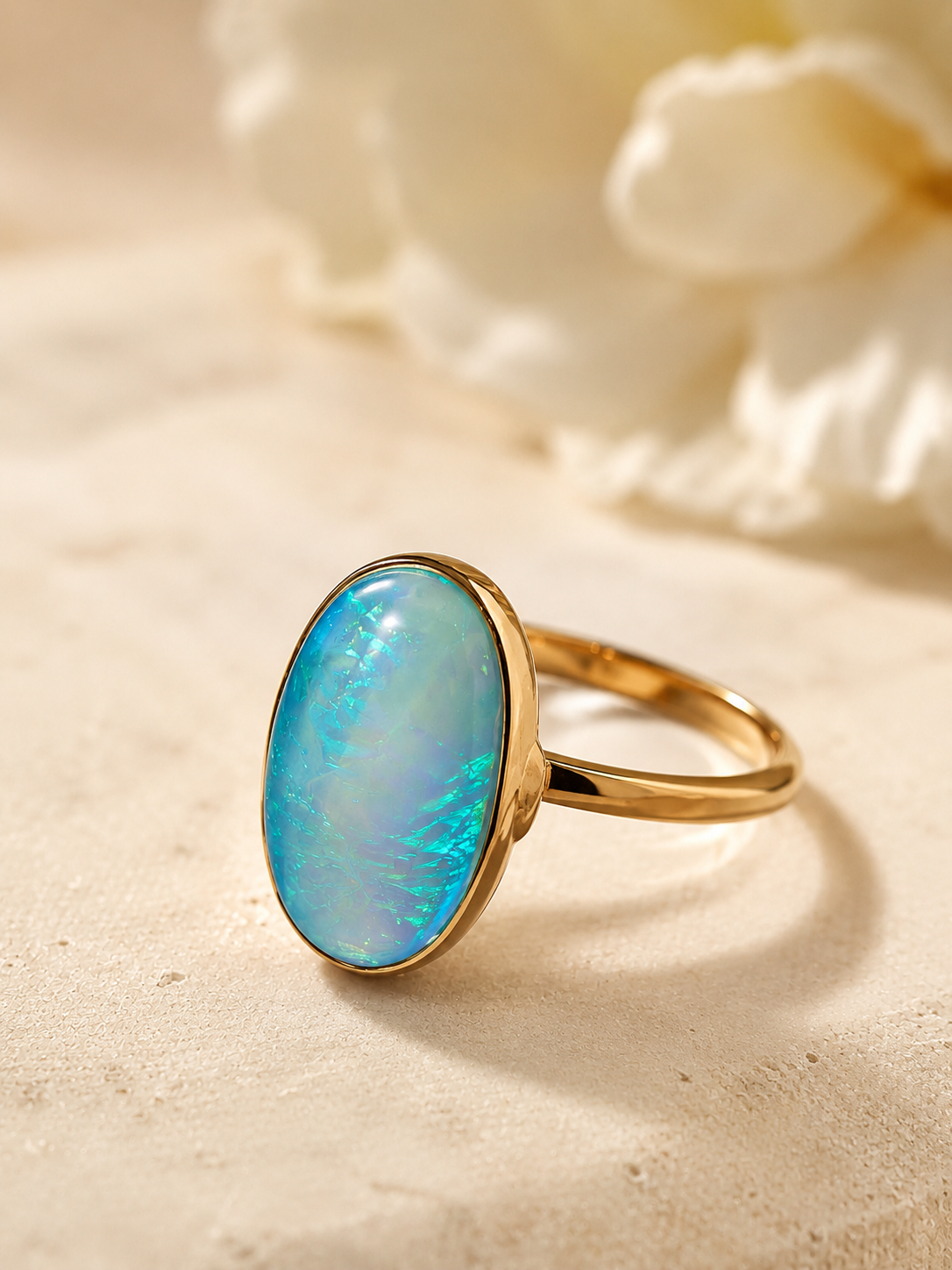 A gold ring with an oval cabochon opal stone displaying vibrant blue and green iridescence, resting on a textured beige surface with a soft white flower in the background.
