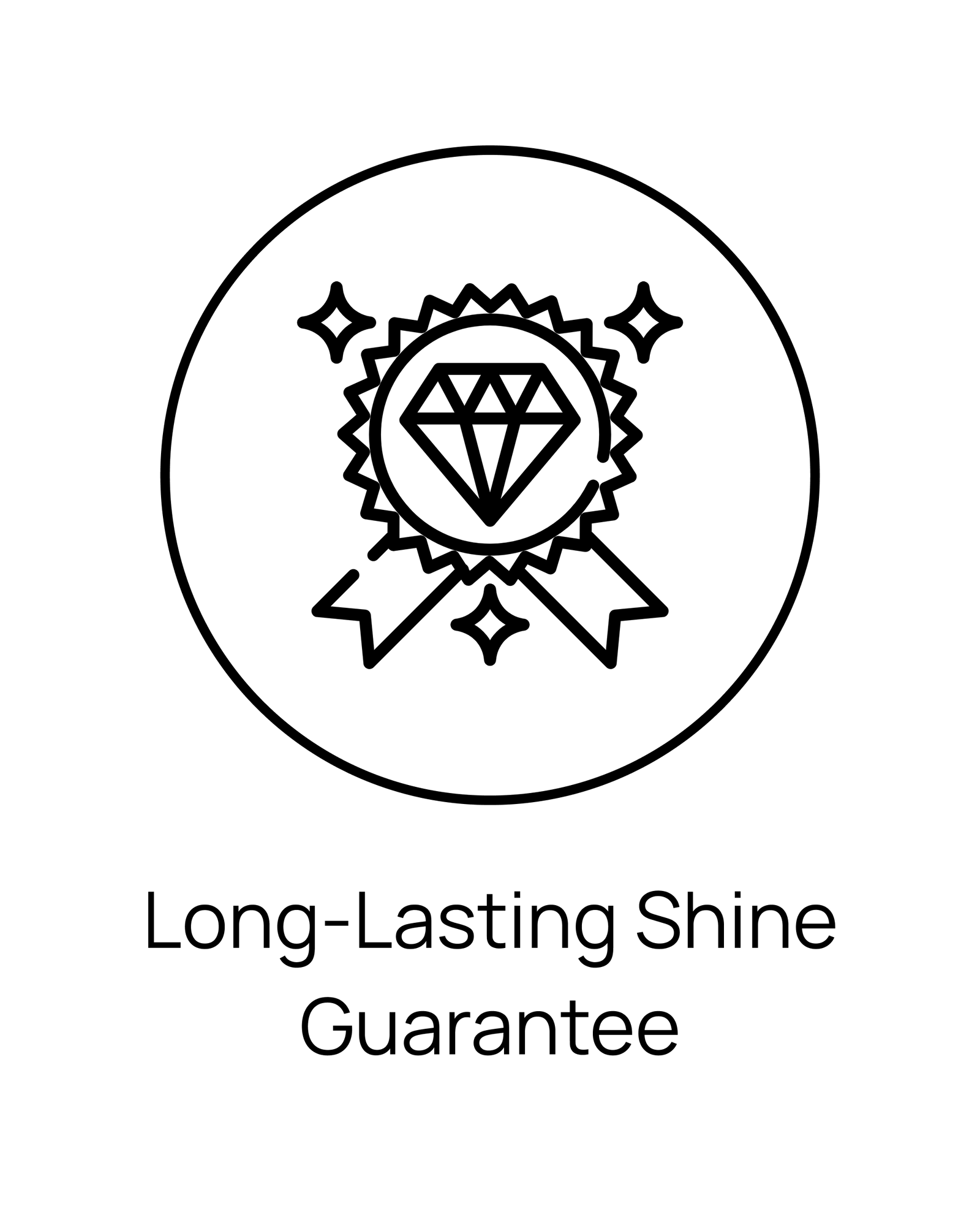 A black line icon of a diamond medallion inside a ribbon badge, enclosed in a circle, with the text 'Long-Lasting Shine Guarantee' below on a white background.