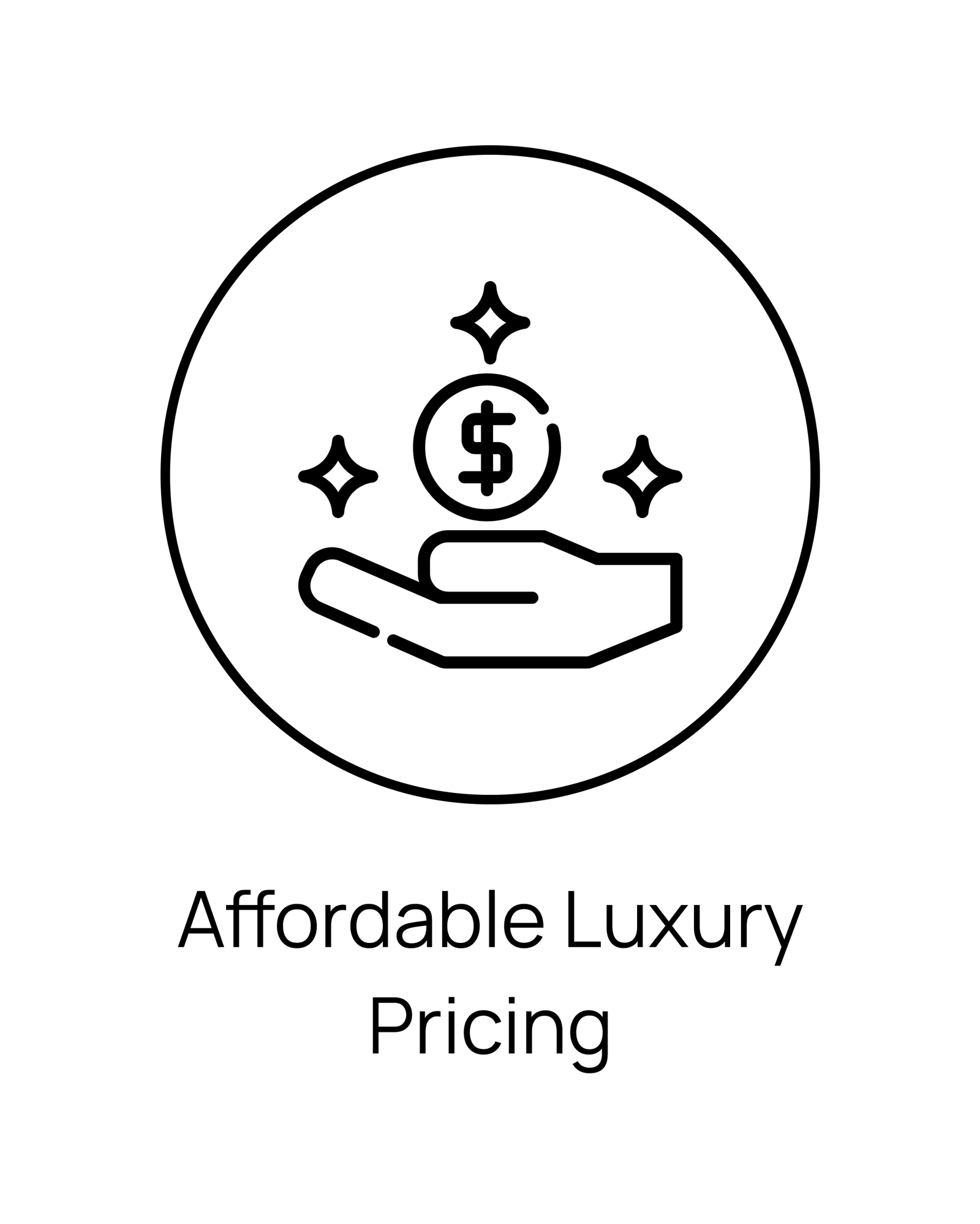 A minimalist black line icon of a hand holding a coin with a dollar sign and sparkles, above the text 'Affordable Luxury Pricing' on a white background.