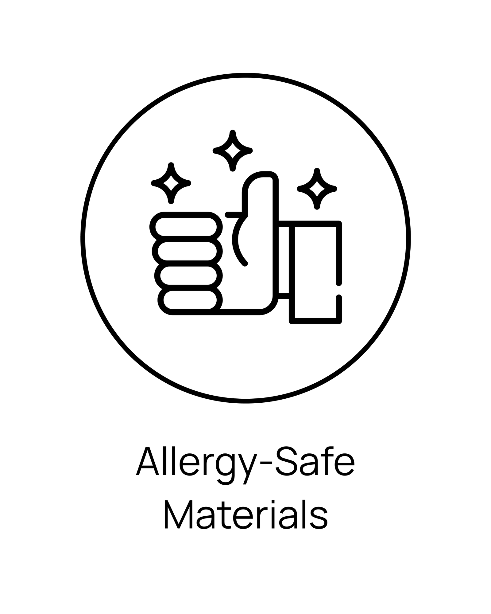 A black line icon of a thumbs-up with sparkles inside a circle, above the text 'Allergy-Safe Materials' on a white background.