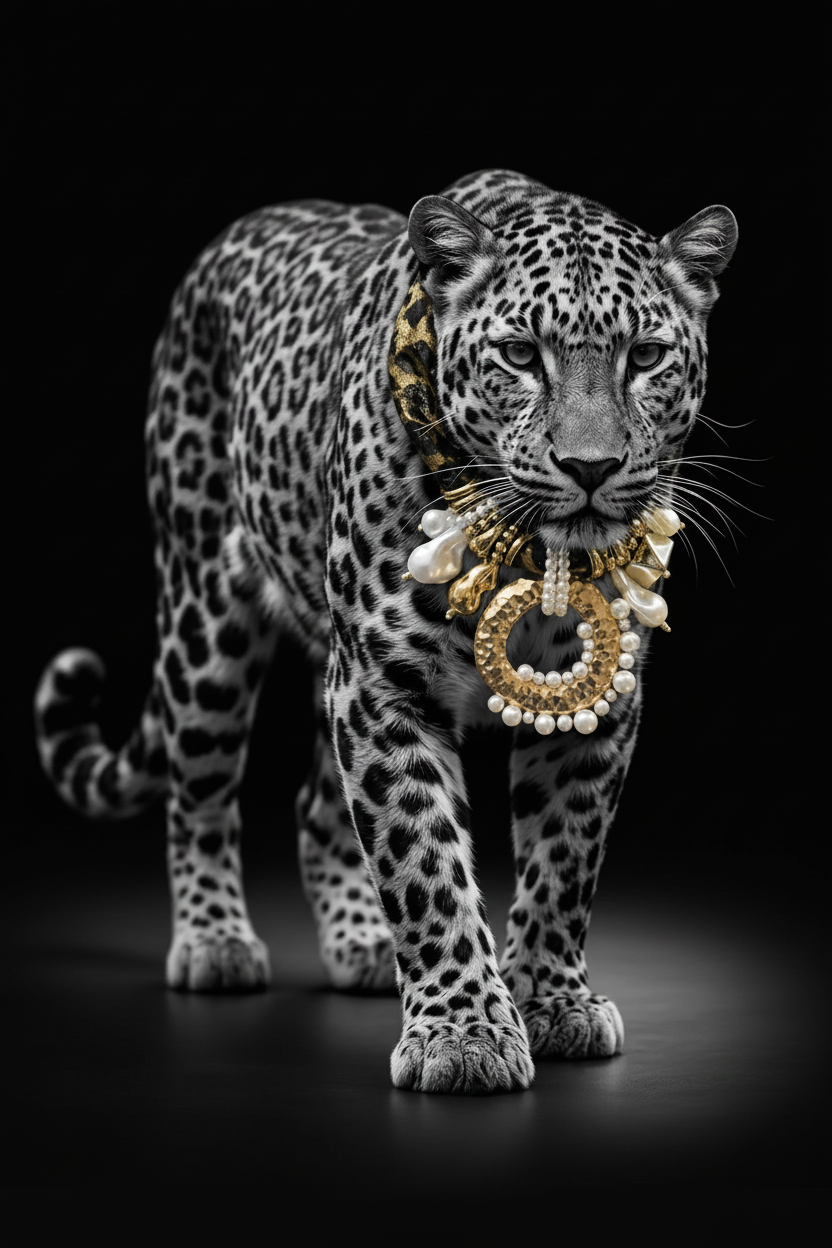 A black-and-white leopard walking forward against a dark studio background, wearing an ornate gold and white beaded necklace.