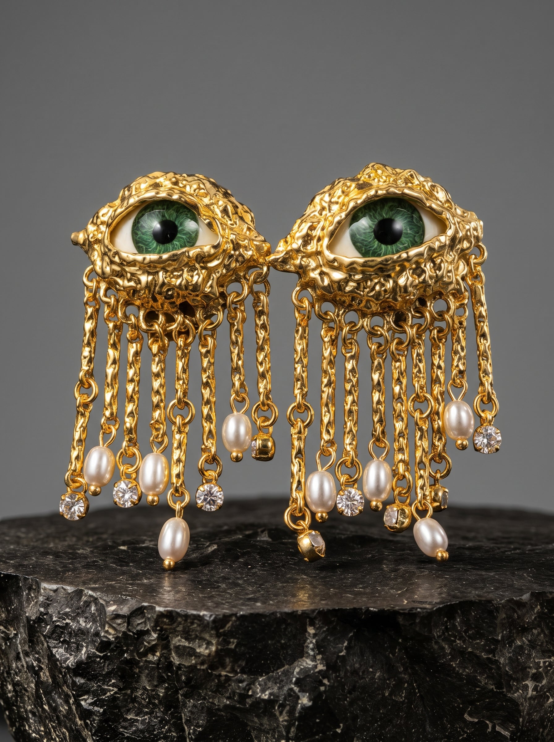 A pair of ornate gold-toned earrings shaped like eyes with green iris details, dangling chains, and pearl-like drops, displayed on a dark stone surface against a gray studio background.